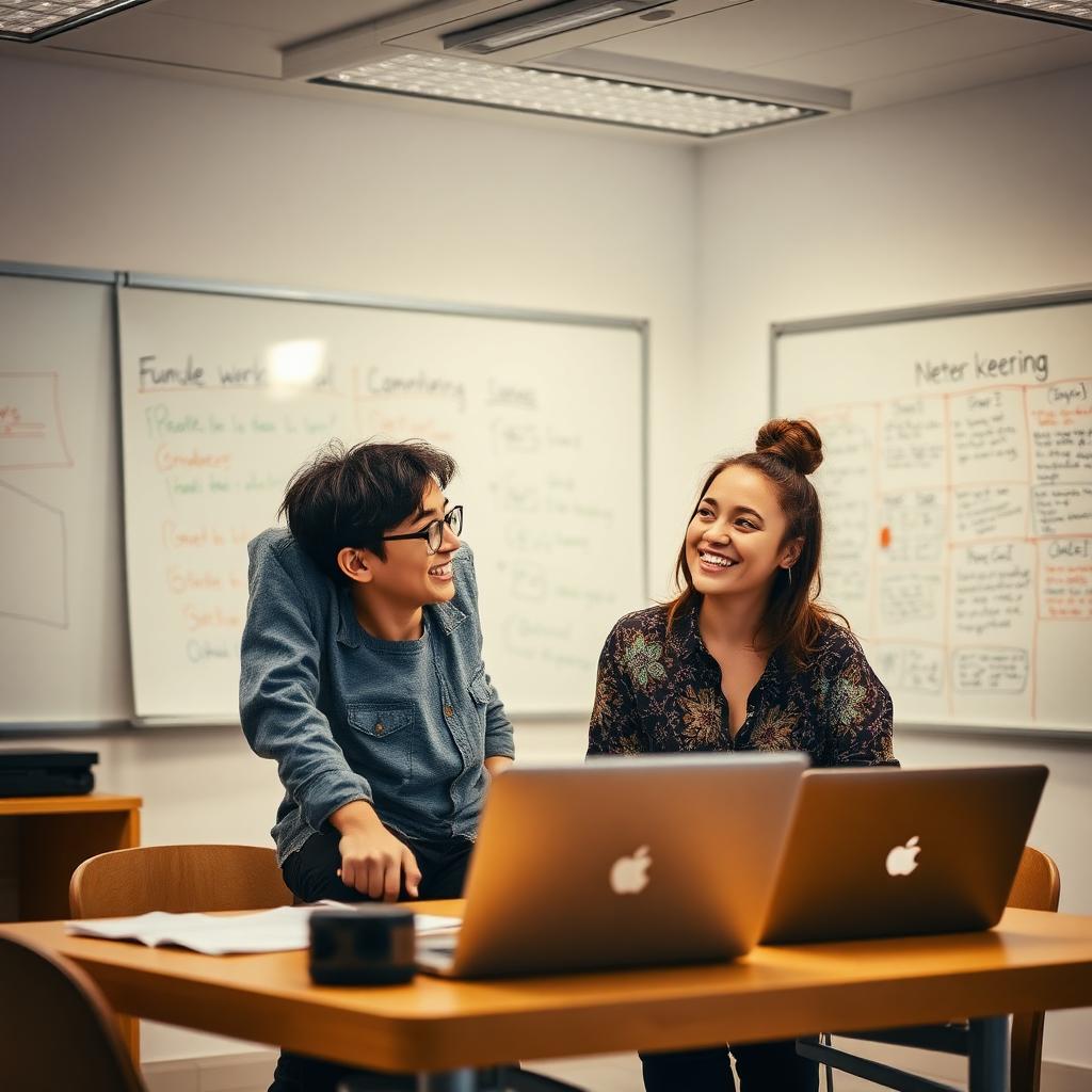 A student founder and a mentor teacher working together with whiteboards behind them